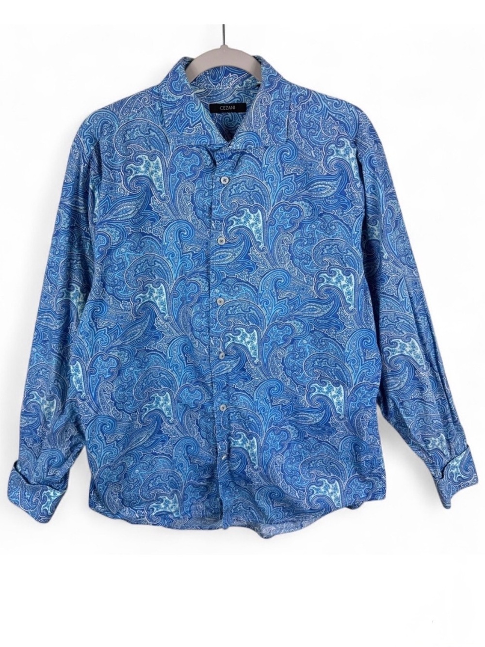 Cezani Mens Blue Paisley Cotton Button Down Long Sleeve Shirt Large